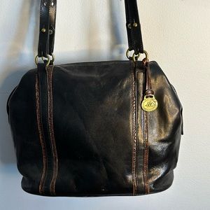 Black Leather Brahmin with brass and brown crocodile detail
